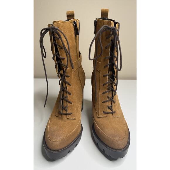 Charles David Gimmick Heeled Combat Boot Womens 10M Wheat Nubuck Leather Zip - Picture 2 of 11